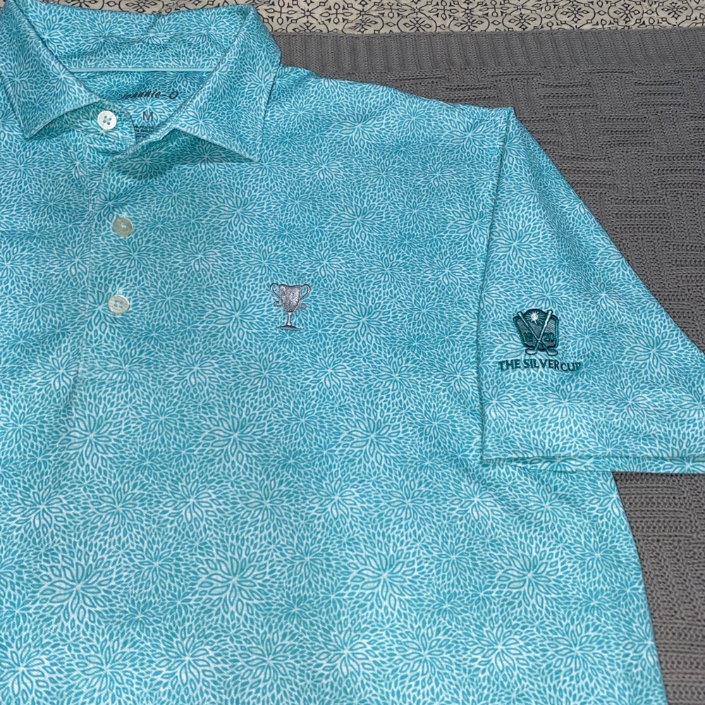 Johnnie O Polo Mens Medium Aqua Hawaiian Floral The Silver Cup Golf Performance